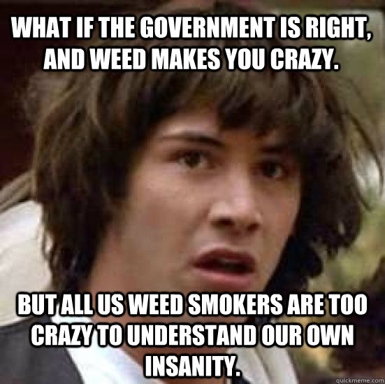 What if the government is right, and weed makes you crazy. but all us weed smokers are too crazy to understand our own insanity. - f9dbf8d1694d52a298c3fb83712a33c89ac0350b3cfa9f958a91cf7778267db4